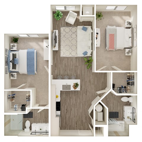 Floor plan for 2 beds, 2 baths, 968 sqft